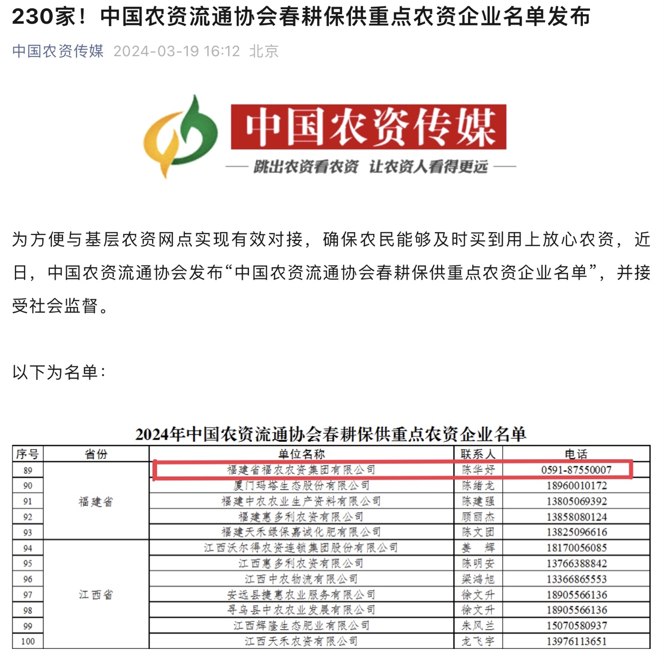 福農(nóng)集團入選2024年全國供銷合作總社、中國農(nóng)資流通協(xié)會春耕農(nóng)資保供重點企業(yè)名單